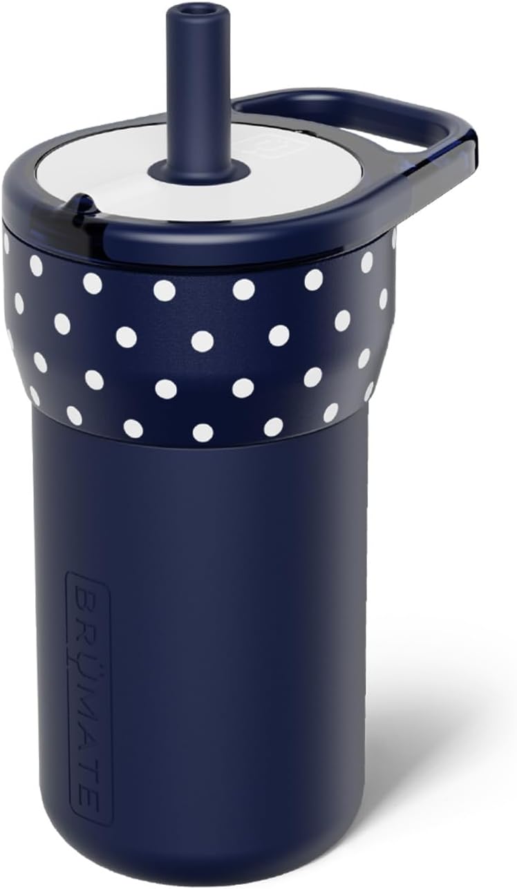 BrÃ¼Mate Leap 12oz 100% Leakproof Kids Tumbler with Handle and Silicone Soft Straw | Durable Drop Resistant Silicone Sleeve | Made of Insulated Stainless Steel | Cup Holder Friendly | (Navy Polka Dots) - Image 1